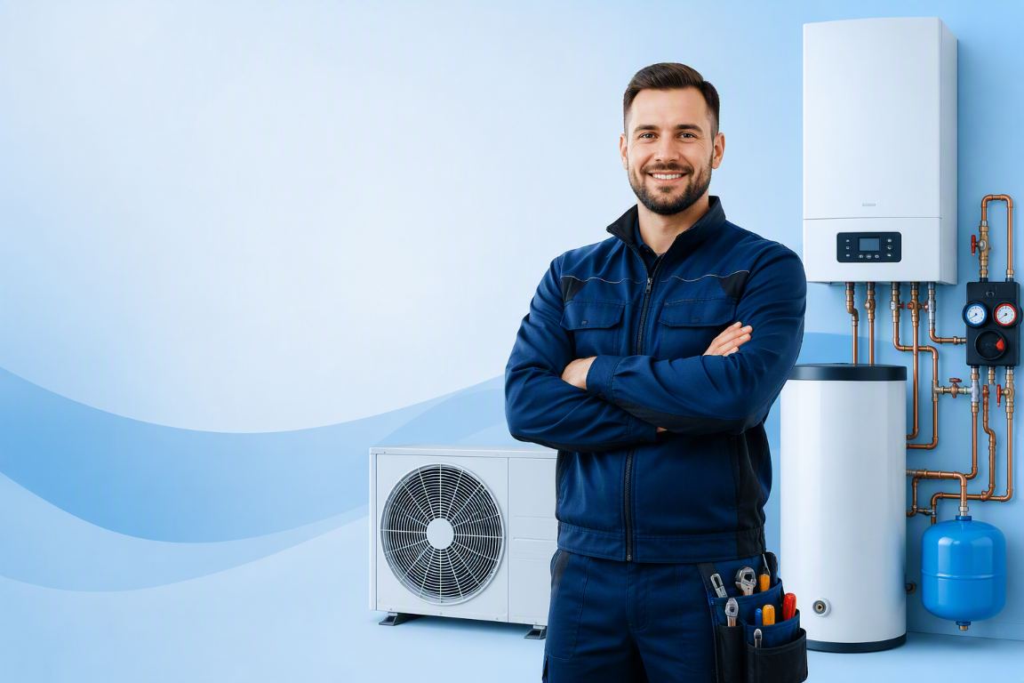 Mitarbeiter bei der Arbeit an moderner Heizungs- und Gebäudetechnik in Wien