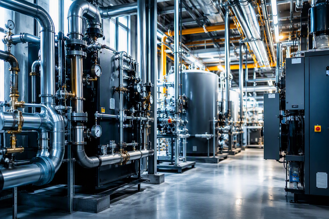 Technische Industrieanlage mit Rohrleitungen und Heizungsanlagen in Wien